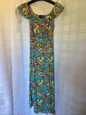 AS U WISH Teal Blue Floral Off-Shoulder Maxi Dress Cotton XS